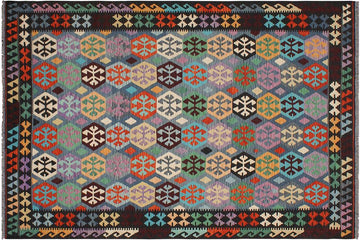 Flat Weave Kilim, Antique, Navaho, Vintage, Handmade, Geometric Kilim Blue Brown Hand-Woven Rectangle 100% Wool Area Rug 7 x 10